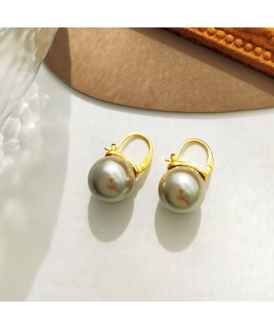 Pearl Drop Earrings Big Pearl Earrings 18K Gold Plated Clasp for Women Dangle Hoop Earrings for Gift Gray $9.53 Earrings