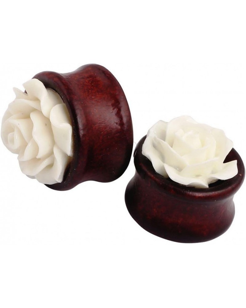 IPINK- Natural Bamboo Wood Hollow Ear Plug White Rose Flower Ear Tunnels Pair of 0 Gauge (8mm) $8.33 Body Jewelry