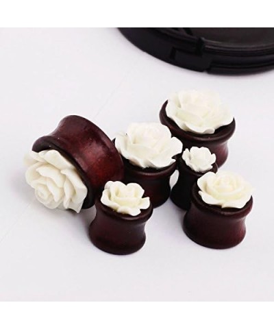 IPINK- Natural Bamboo Wood Hollow Ear Plug White Rose Flower Ear Tunnels Pair of 0 Gauge (8mm) $8.33 Body Jewelry