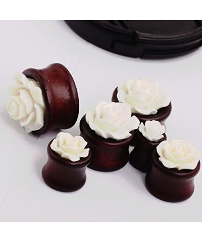 IPINK- Natural Bamboo Wood Hollow Ear Plug White Rose Flower Ear Tunnels Pair of 0 Gauge (8mm) $8.33 Body Jewelry