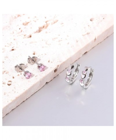 14K White Gold Plated Small Hoop Earrings for Women Girls Heart Cubic Zirconia Hypoallergenic Earrings Hoop+Stud Set-Pink CZ ...