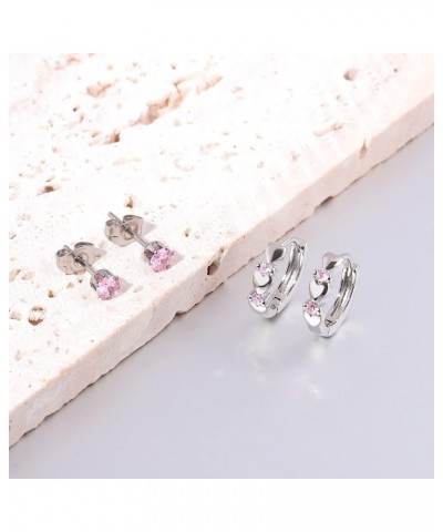 14K White Gold Plated Small Hoop Earrings for Women Girls Heart Cubic Zirconia Hypoallergenic Earrings Hoop+Stud Set-Pink CZ ...