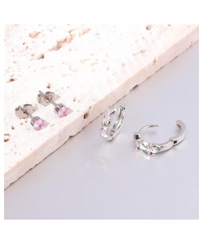 14K White Gold Plated Small Hoop Earrings for Women Girls Heart Cubic Zirconia Hypoallergenic Earrings Hoop+Stud Set-Pink CZ ...