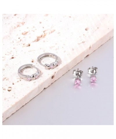 14K White Gold Plated Small Hoop Earrings for Women Girls Heart Cubic Zirconia Hypoallergenic Earrings Hoop+Stud Set-Pink CZ ...