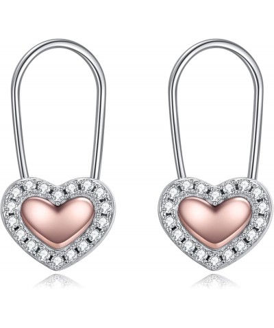 Heart Safety Pin Earrings Sterling Silver Hoop Earrings for Women Girls Drop Dangle Earring Gifts Pink $14.74 Earrings