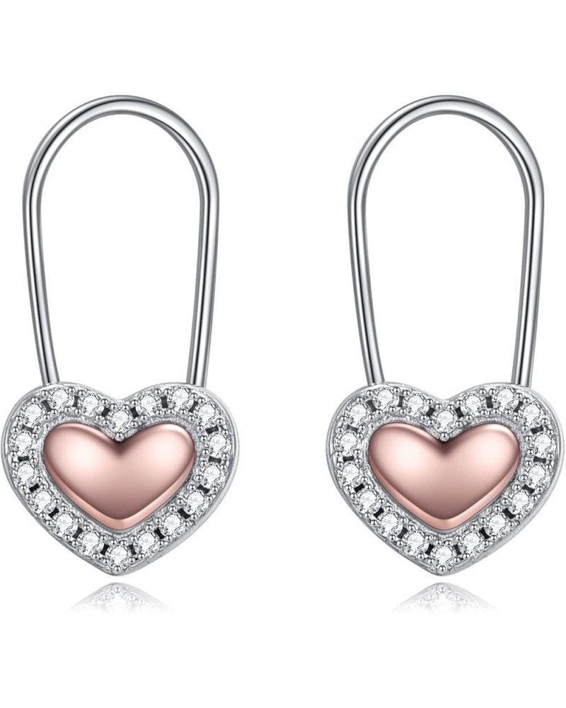 Heart Safety Pin Earrings Sterling Silver Hoop Earrings for Women Girls Drop Dangle Earring Gifts Pink $14.74 Earrings