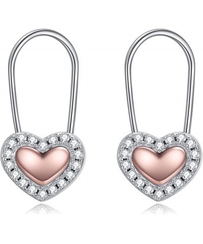 Heart Safety Pin Earrings Sterling Silver Hoop Earrings for Women Girls Drop Dangle Earring Gifts Pink $14.74 Earrings