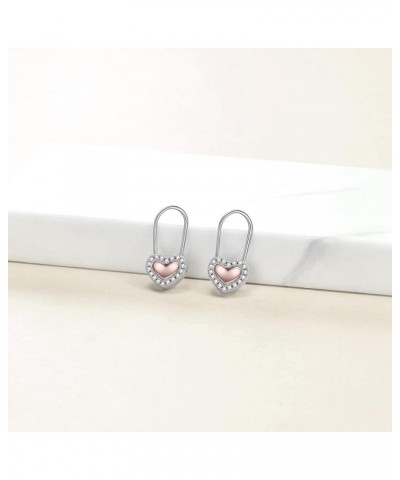 Heart Safety Pin Earrings Sterling Silver Hoop Earrings for Women Girls Drop Dangle Earring Gifts Pink $14.74 Earrings