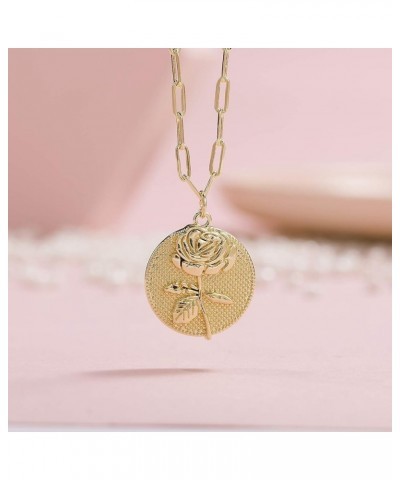 Birth Flower Necklace 18k Gold Plated Dainty Engraved Floral Pendant Necklaces Birth Month Disc Charm for Women Girl Jewelry ...