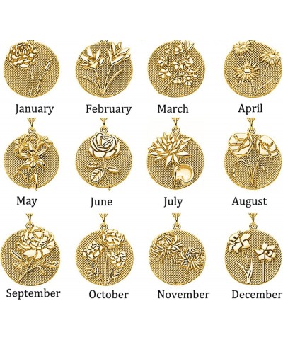 Birth Flower Necklace 18k Gold Plated Dainty Engraved Floral Pendant Necklaces Birth Month Disc Charm for Women Girl Jewelry ...