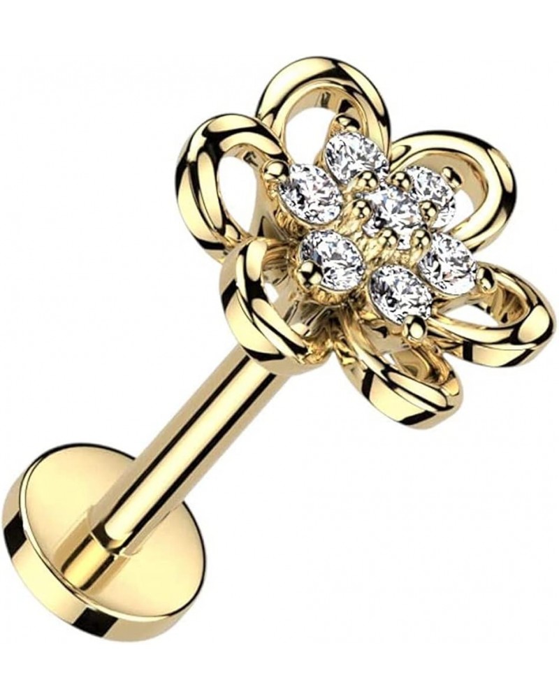 Hollow Flower With CZ Center Top Surgical Steel Internally Threaded Labret, Flat Back Stud 16GA, L: 5/16" (8mm), Gold $10.50 ...