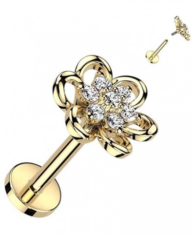 Hollow Flower With CZ Center Top Surgical Steel Internally Threaded Labret, Flat Back Stud 16GA, L: 5/16" (8mm), Gold $10.50 ...