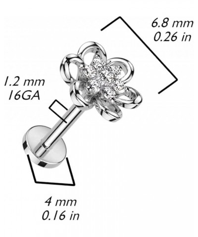 Hollow Flower With CZ Center Top Surgical Steel Internally Threaded Labret, Flat Back Stud 16GA, L: 5/16" (8mm), Gold $10.50 ...