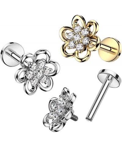 Hollow Flower With CZ Center Top Surgical Steel Internally Threaded Labret, Flat Back Stud 16GA, L: 5/16" (8mm), Gold $10.50 ...