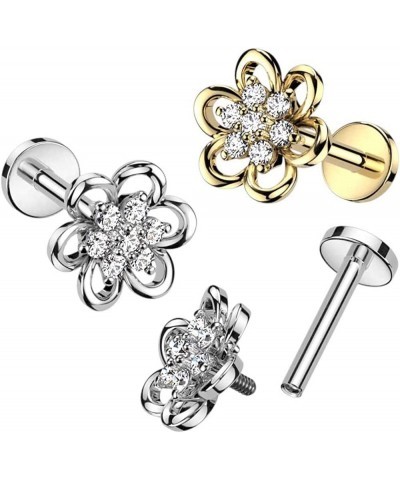 Hollow Flower With CZ Center Top Surgical Steel Internally Threaded Labret, Flat Back Stud 16GA, L: 5/16" (8mm), Gold $10.50 ...