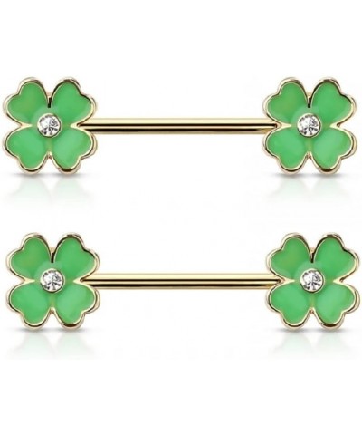 14GA Gold Plated 316L Stainless Steel Green Clover Ends Nipple Barbells, Sold as a Pair $10.37 Body Jewelry