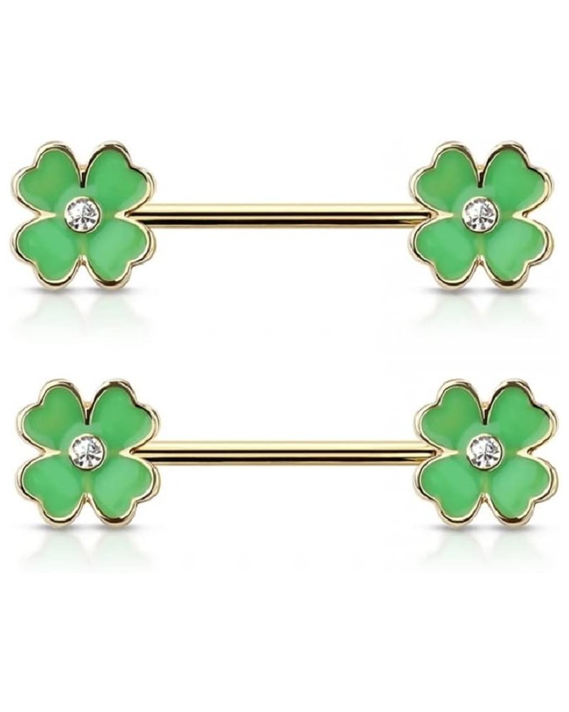 14GA Gold Plated 316L Stainless Steel Green Clover Ends Nipple Barbells, Sold as a Pair $10.37 Body Jewelry