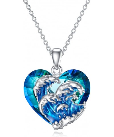 Wave Necklace 925 Sterling Silver with Blue Heart Pendant Necklace Ocean Wave Beach Crystal Jewelry Gifts for Women $20.21 Ne...