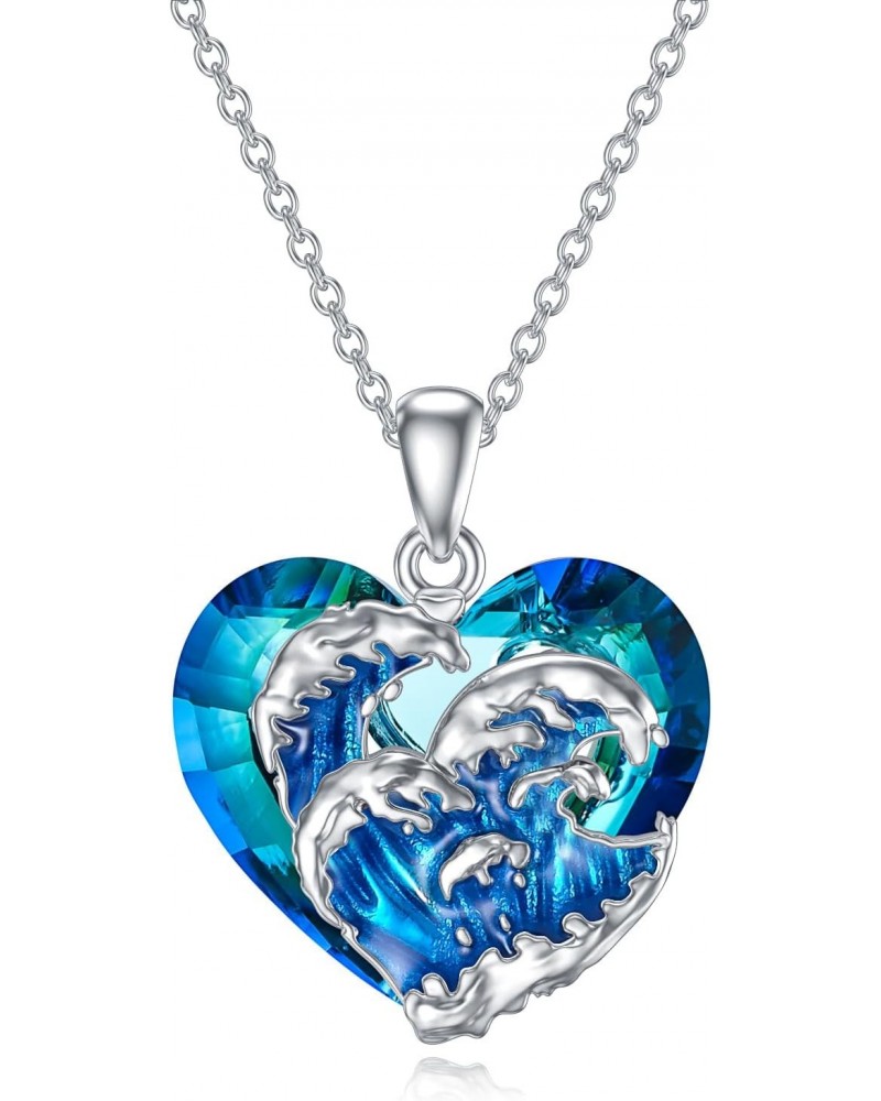 Wave Necklace 925 Sterling Silver with Blue Heart Pendant Necklace Ocean Wave Beach Crystal Jewelry Gifts for Women $20.21 Ne...