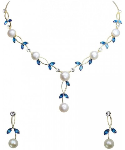 Gorgeous CZ Crystal Genuine Freshwater pearls Floral Necklace Earrings Set Blue / Gold Plated $18.58 Jewelry Sets