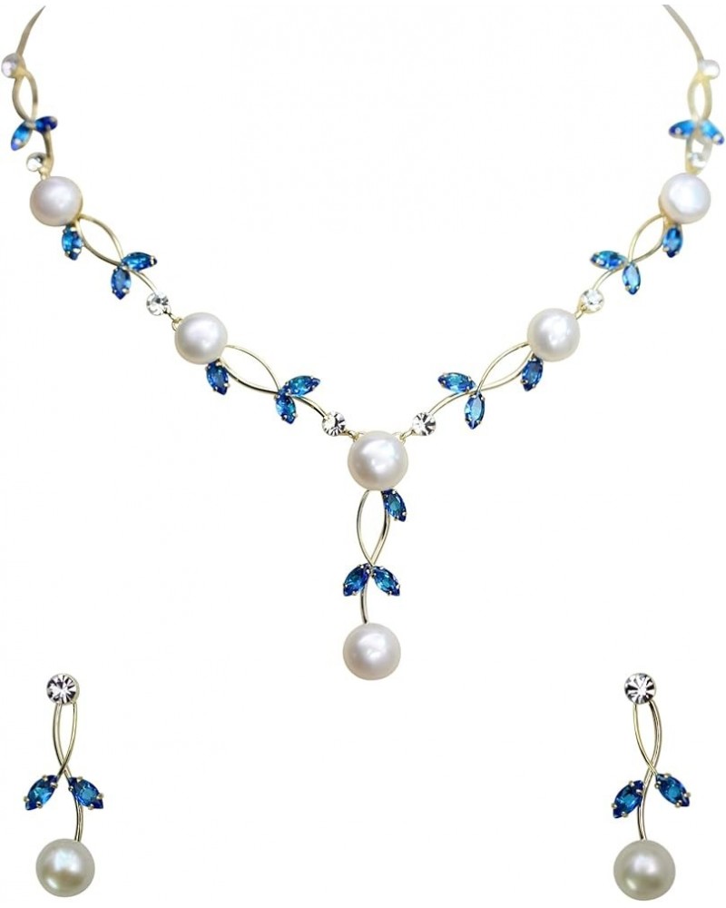 Gorgeous CZ Crystal Genuine Freshwater pearls Floral Necklace Earrings Set Blue / Gold Plated $18.58 Jewelry Sets