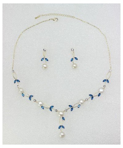 Gorgeous CZ Crystal Genuine Freshwater pearls Floral Necklace Earrings Set Blue / Gold Plated $18.58 Jewelry Sets