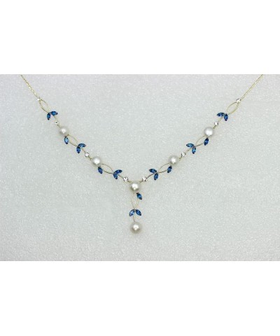 Gorgeous CZ Crystal Genuine Freshwater pearls Floral Necklace Earrings Set Blue / Gold Plated $18.58 Jewelry Sets