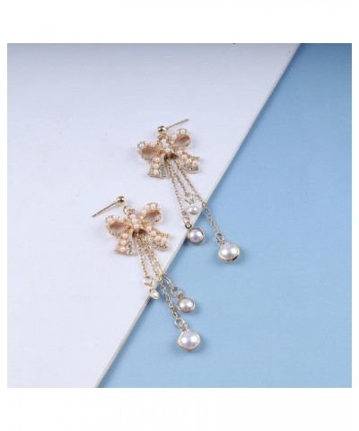 Boho Cz Bow Earrings Pearl Tassel Dangle Earrings Rhinestone Bowknot Stud Earrings Gold Pearl Chain Tassel Earrings Jewelry f...