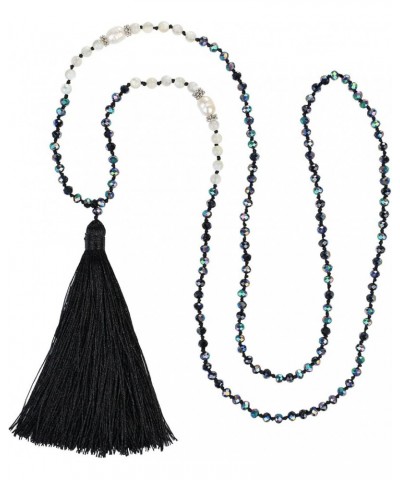 Long Tassel Necklace Natural Pearls Chains Necklaces Hand-Knotted Crystal Beaded Necklace Black 40H $11.16 Necklaces