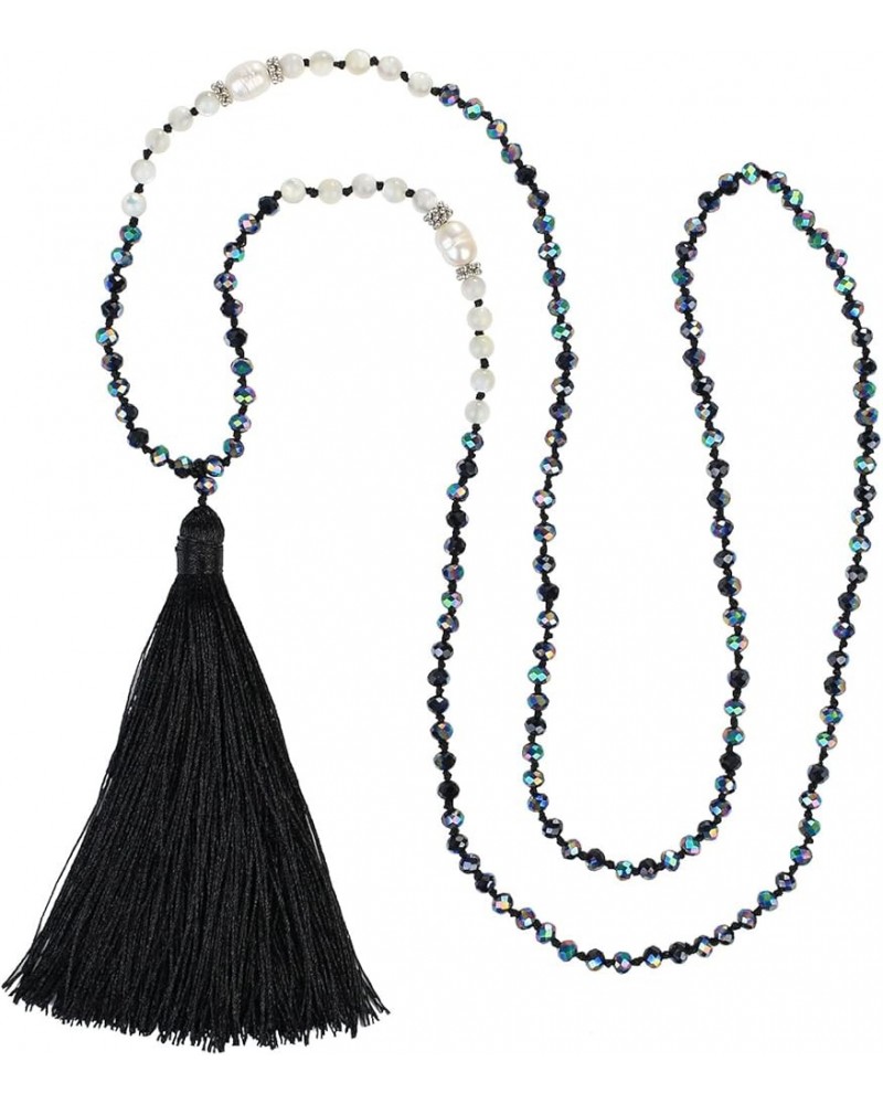 Long Tassel Necklace Natural Pearls Chains Necklaces Hand-Knotted Crystal Beaded Necklace Black 40H $11.16 Necklaces