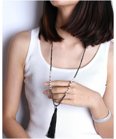 Long Tassel Necklace Natural Pearls Chains Necklaces Hand-Knotted Crystal Beaded Necklace Black 40H $11.16 Necklaces