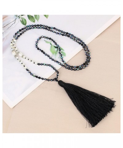 Long Tassel Necklace Natural Pearls Chains Necklaces Hand-Knotted Crystal Beaded Necklace Black 40H $11.16 Necklaces