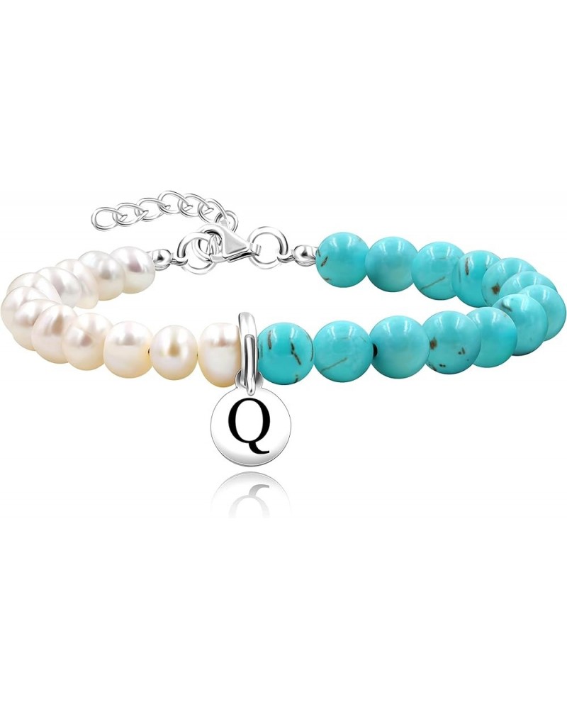 Personalized A-Z Initial Charms 26 Letters Alphabet Bracelet-Natural Freshwater Pearls and Turquoise Bracelet Q $10.25 Bracelets