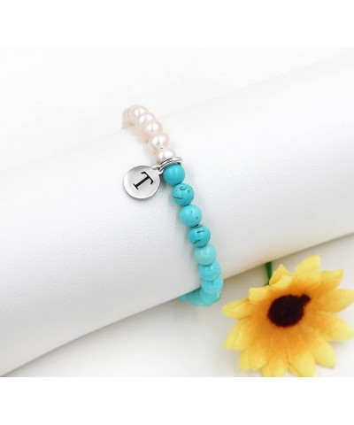 Personalized A-Z Initial Charms 26 Letters Alphabet Bracelet-Natural Freshwater Pearls and Turquoise Bracelet Q $10.25 Bracelets