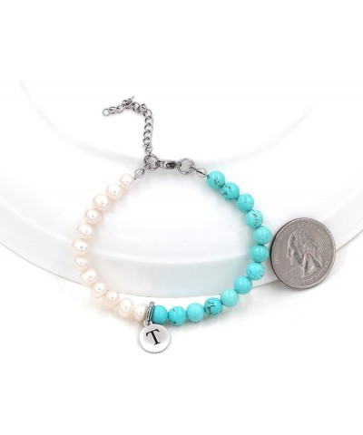 Personalized A-Z Initial Charms 26 Letters Alphabet Bracelet-Natural Freshwater Pearls and Turquoise Bracelet Q $10.25 Bracelets