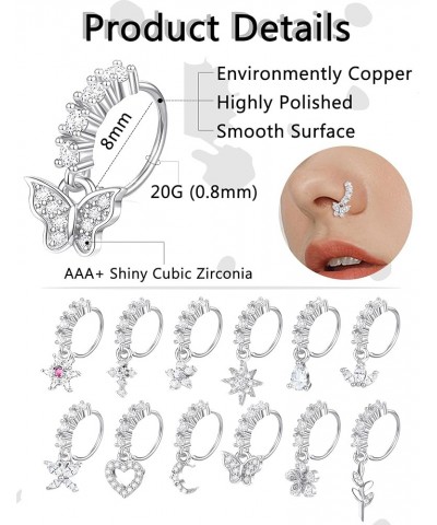 12Pcs Nose Ring Hoop Cartilage Earring Cute Leaf Star CZ Butterfly Paved Nose Piercing Jewelry for Women men Silver Gold Tone...