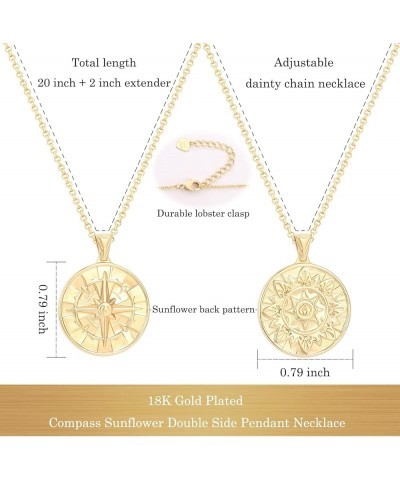 18K Gold Plate Compass Pendant Necklace for Women Dainty Sunflower Coin Necklaces for Girl Personalized Chain Layered Jewelry...