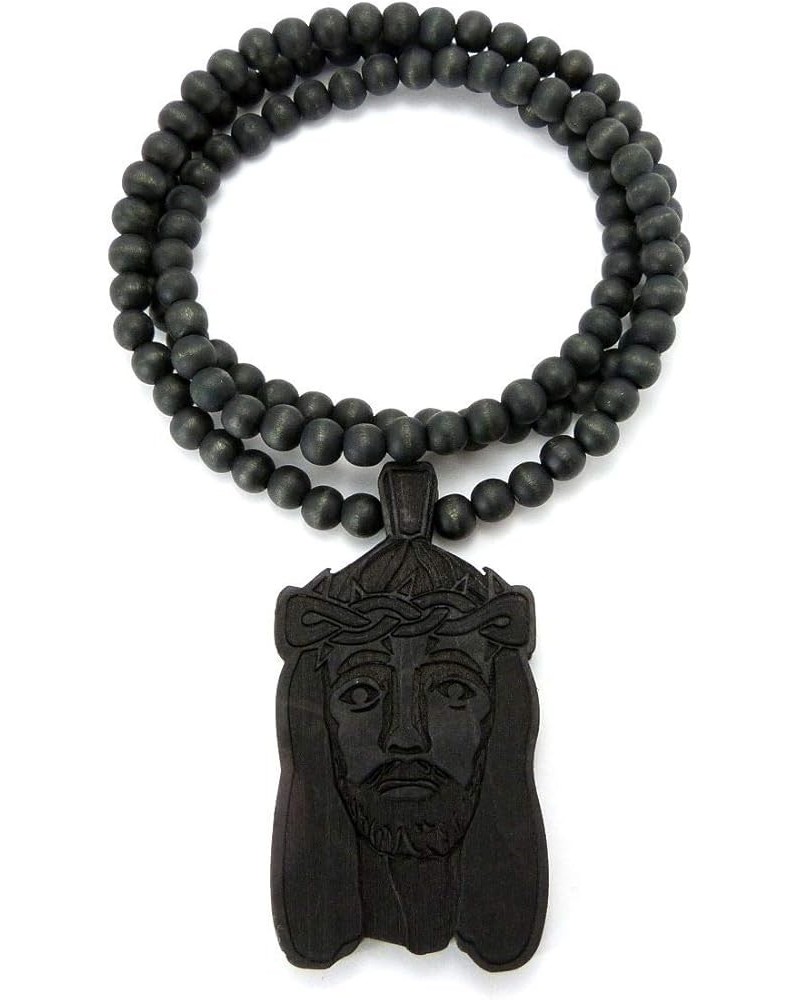 Crown of Thorne Jesus Head Pendant with 8mm 36" Wooden Bead Necklace Black-Tone $9.24 Necklaces