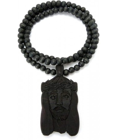 Crown of Thorne Jesus Head Pendant with 8mm 36" Wooden Bead Necklace Black-Tone $9.24 Necklaces