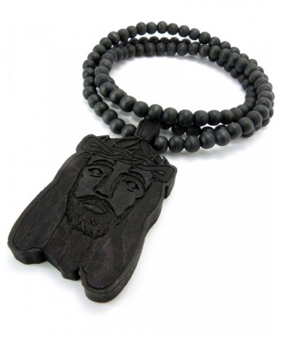 Crown of Thorne Jesus Head Pendant with 8mm 36" Wooden Bead Necklace Black-Tone $9.24 Necklaces