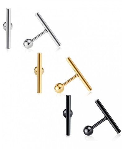 Stainless Steel Line Stick Simple Studs Earrings for Women 3pairs 12mm(gold+steel+black) $7.50 Earrings