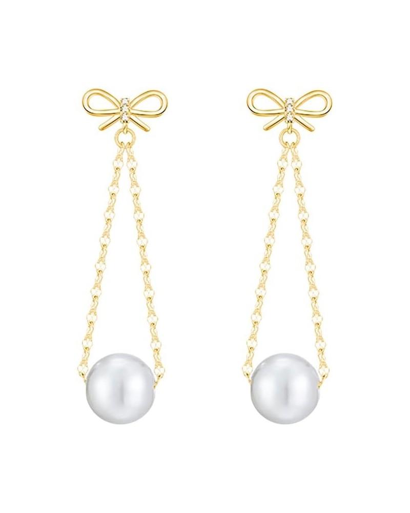 Sterling Silver Pearls Dangle Earrings Chain for Women Teen Girls Pearls Drop Earrings Bow Studs B-Gold $10.19 Earrings