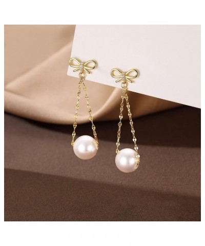 Sterling Silver Pearls Dangle Earrings Chain for Women Teen Girls Pearls Drop Earrings Bow Studs B-Gold $10.19 Earrings