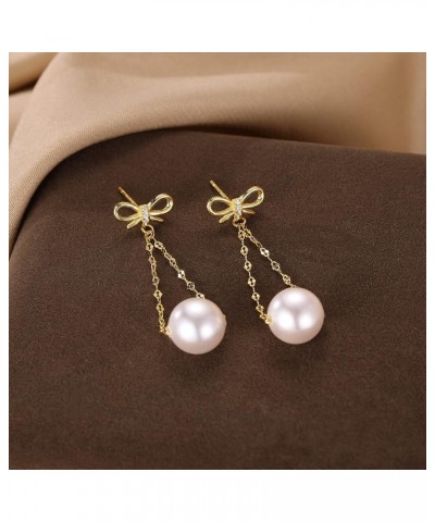 Sterling Silver Pearls Dangle Earrings Chain for Women Teen Girls Pearls Drop Earrings Bow Studs B-Gold $10.19 Earrings