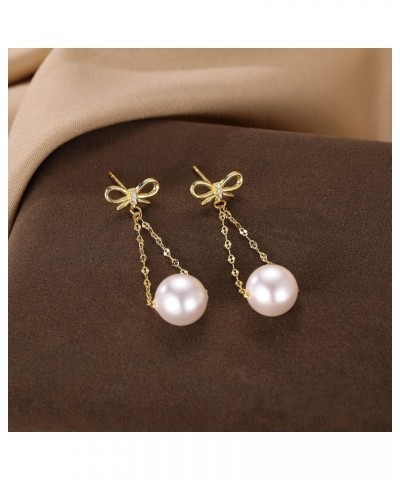 Sterling Silver Pearls Dangle Earrings Chain for Women Teen Girls Pearls Drop Earrings Bow Studs B-Gold $10.19 Earrings