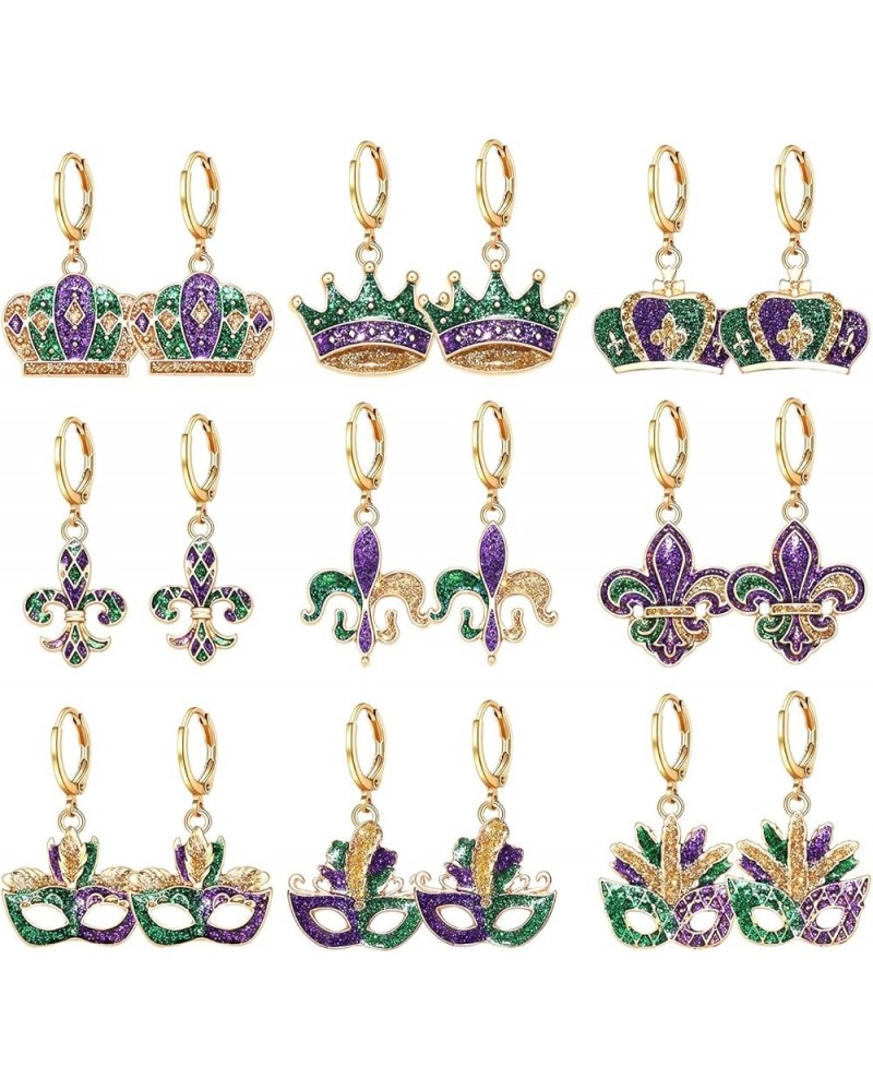 Mardi Gras Earrings for Women Glitter Mardi Gras Mask Crown Fleur De Lis Hoop Earrings Carnival Dangle Earrings Fat Tuesday M...