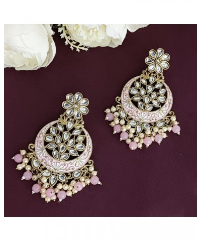 Indian Earrings for Women Chandbali Wedding Pink Floral Faux Pearl Kundan Crystal Dangle Earrings Set Bollywood Statement Jew...