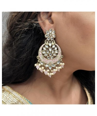 Indian Earrings for Women Chandbali Wedding Pink Floral Faux Pearl Kundan Crystal Dangle Earrings Set Bollywood Statement Jew...