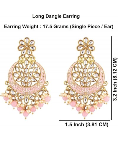 Indian Earrings for Women Chandbali Wedding Pink Floral Faux Pearl Kundan Crystal Dangle Earrings Set Bollywood Statement Jew...