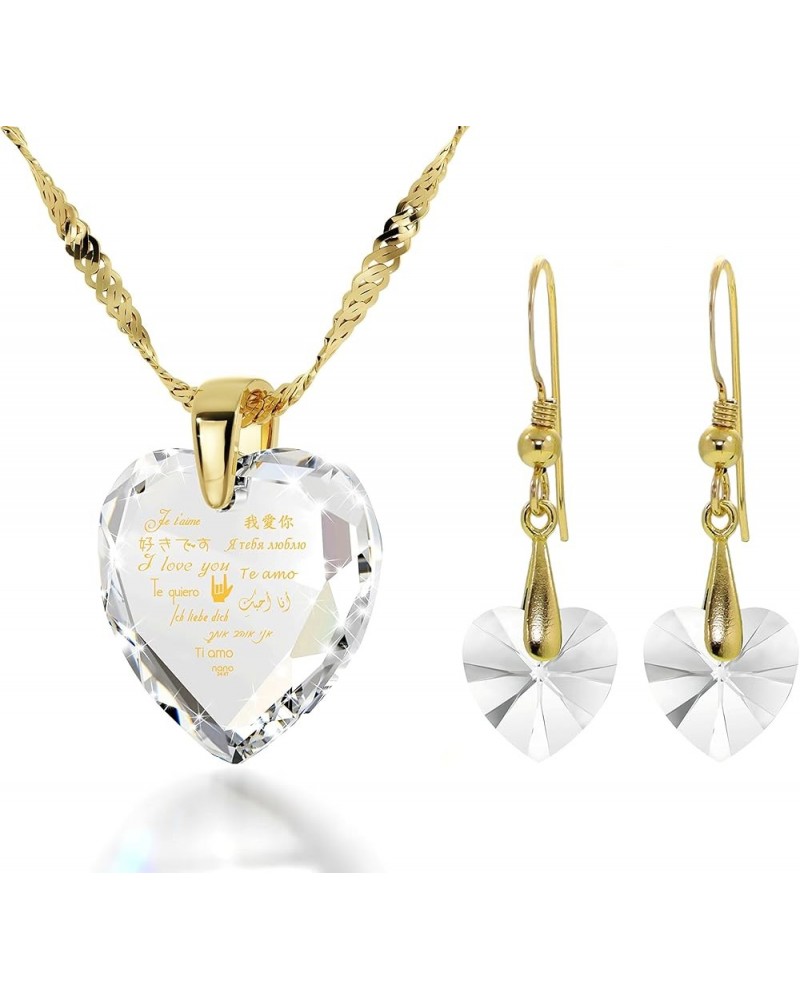 Romantic Heart Jewelry Set for Women I Love You Necklace in 12 Languages Pure Gold Inscribed on Heart-Shaped Pendant Cubic Zi...